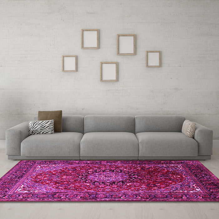 Machine Washable Medallion Pink Traditional Rug in a Living Room, wshtr2128pnk