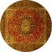 Round Machine Washable Medallion Yellow Traditional Rug, wshtr2128yw