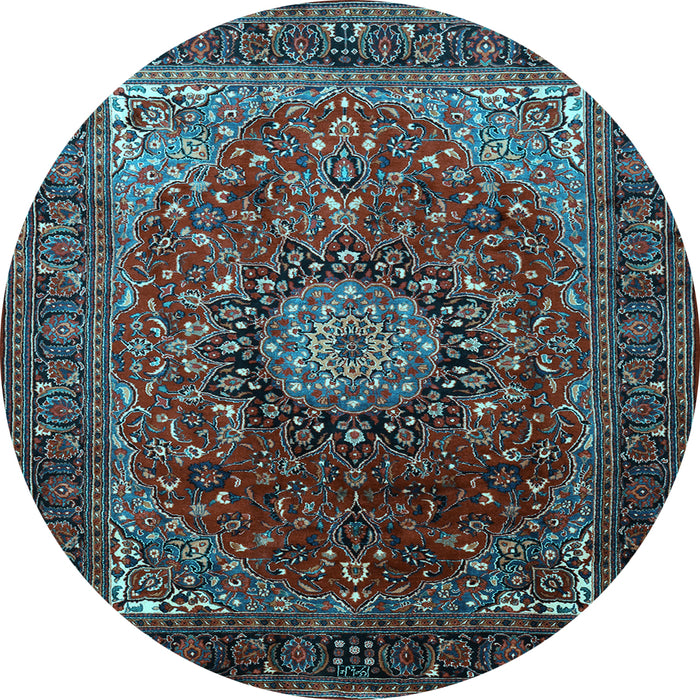 Round Machine Washable Medallion Light Blue Traditional Rug, wshtr2128lblu