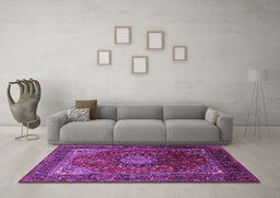 Machine Washable Medallion Purple Traditional Area Rugs in a Living Room, wshtr2128pur