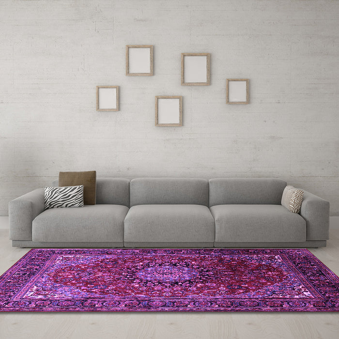 Machine Washable Medallion Purple Traditional Area Rugs in a Living Room, wshtr2128pur