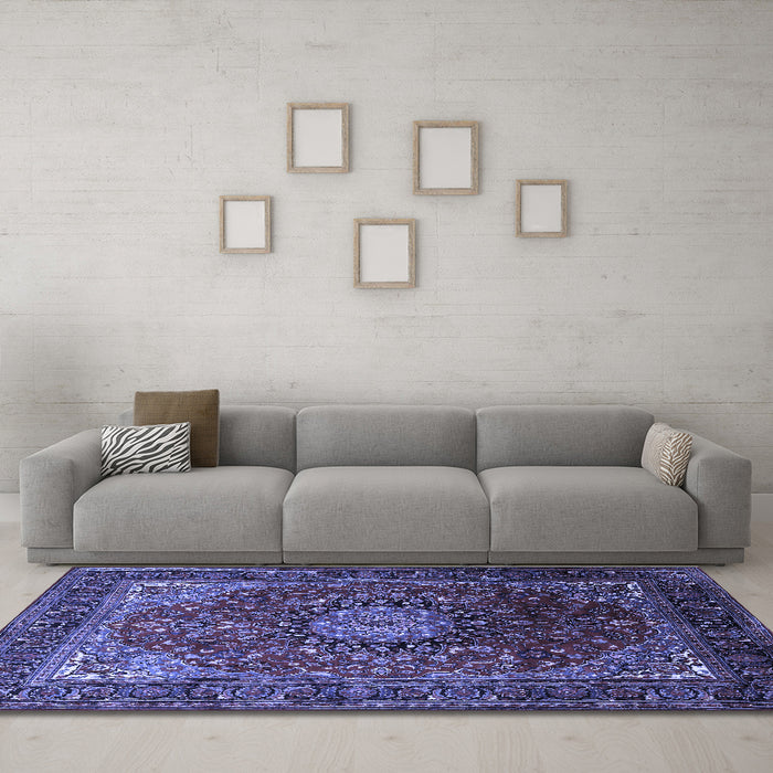Machine Washable Medallion Blue Traditional Rug in a Living Room, wshtr2128blu