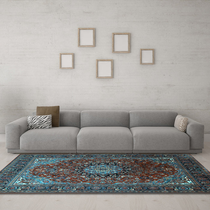 Machine Washable Medallion Light Blue Traditional Rug in a Living Room, wshtr2128lblu