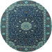 Round Machine Washable Medallion Light Blue Traditional Rug, wshtr2129lblu