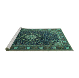 Sideview of Machine Washable Medallion Turquoise Traditional Area Rugs, wshtr2129turq