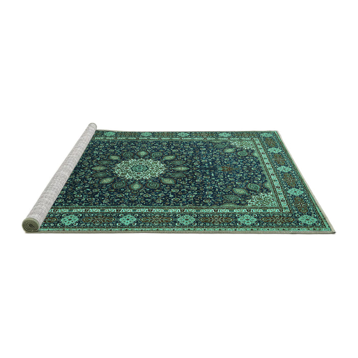 Sideview of Machine Washable Medallion Turquoise Traditional Area Rugs, wshtr2129turq