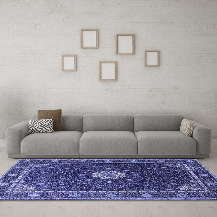 Machine Washable Medallion Blue Traditional Rug in a Living Room, wshtr2129blu
