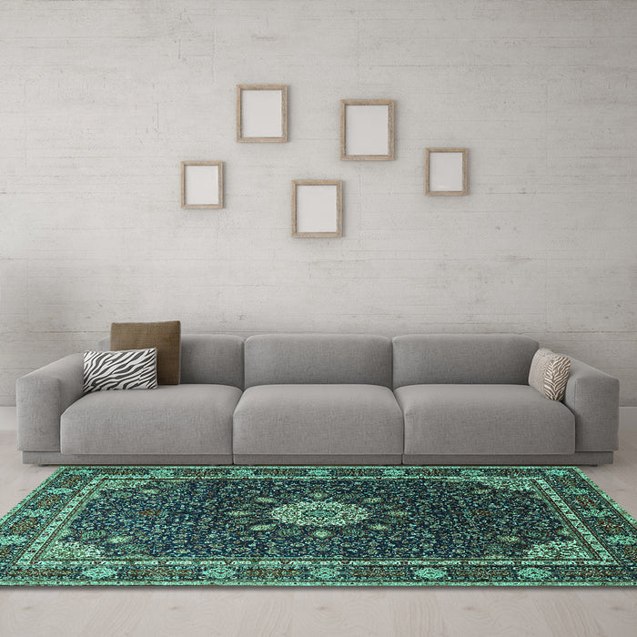 Machine Washable Medallion Turquoise Traditional Area Rugs in a Living Room,, wshtr2129turq