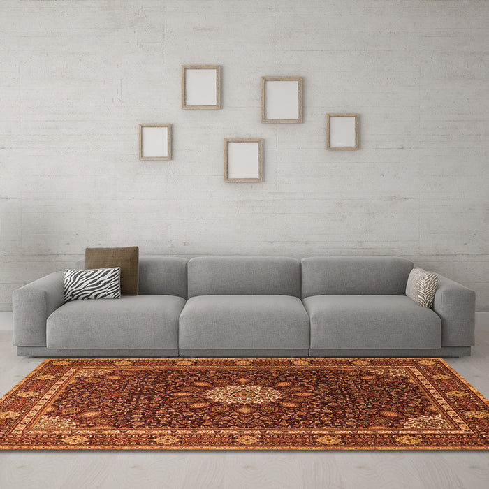 Machine Washable Medallion Orange Traditional Area Rugs in a Living Room, wshtr2129org