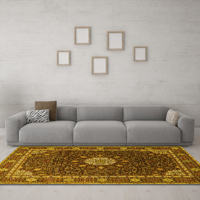 Machine Washable Medallion Yellow Traditional Rug in a Living Room, wshtr2129yw