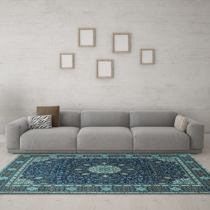 Machine Washable Medallion Light Blue Traditional Rug in a Living Room, wshtr2129lblu