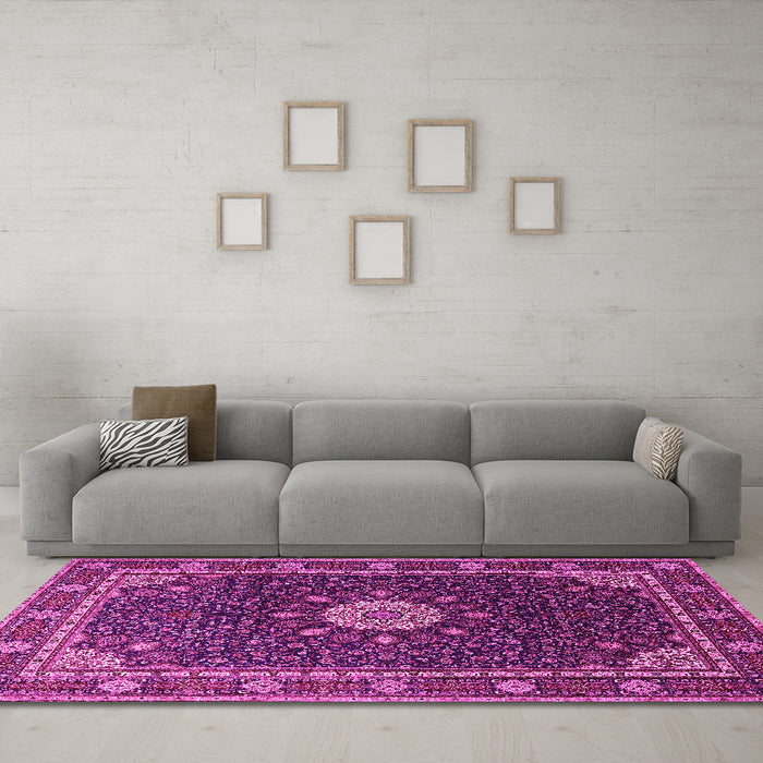 Machine Washable Medallion Pink Traditional Rug in a Living Room, wshtr2129pnk