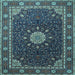 Square Machine Washable Medallion Light Blue Traditional Rug, wshtr2129lblu