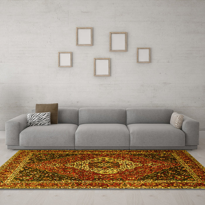 Machine Washable Medallion Yellow Traditional Rug in a Living Room, wshtr2135yw