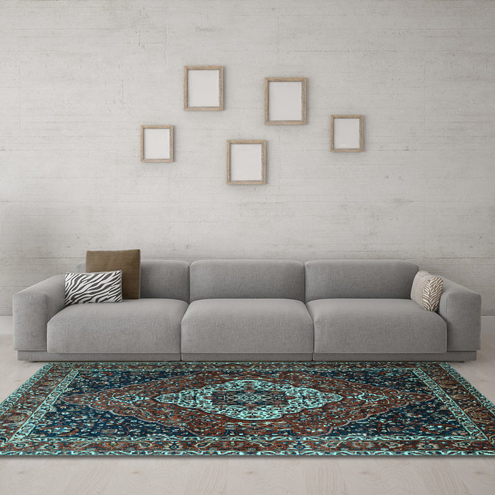 Machine Washable Medallion Light Blue Traditional Rug in a Living Room, wshtr2135lblu