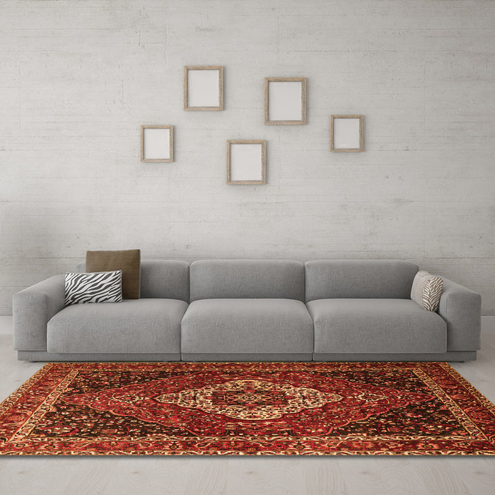 Machine Washable Medallion Orange Traditional Area Rugs in a Living Room, wshtr2135org