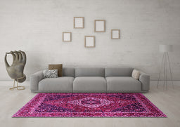 Machine Washable Medallion Pink Traditional Rug in a Living Room, wshtr2135pnk