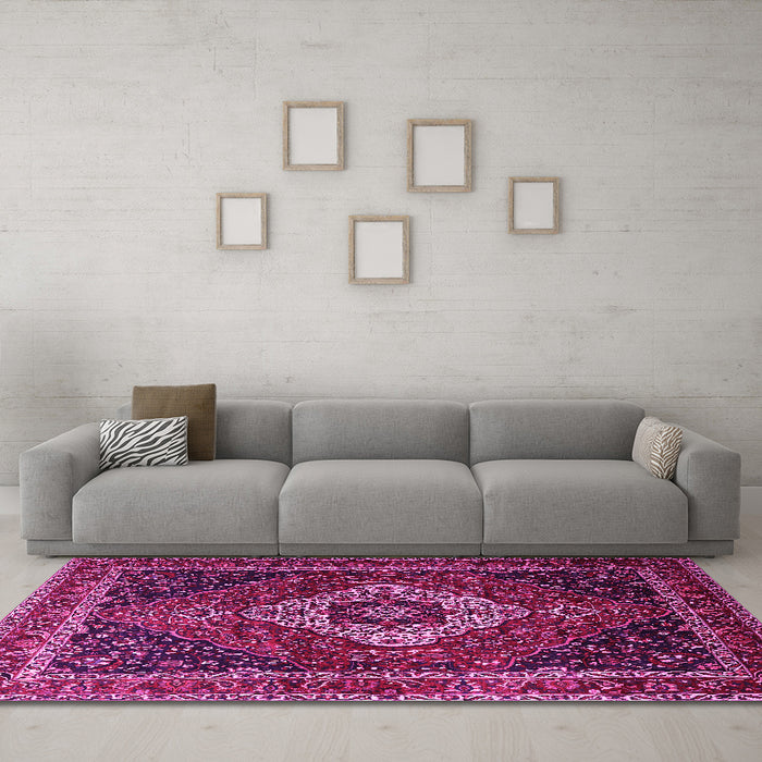 Machine Washable Medallion Pink Traditional Rug in a Living Room, wshtr2135pnk