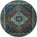 Round Machine Washable Medallion Light Blue Traditional Rug, wshtr2135lblu