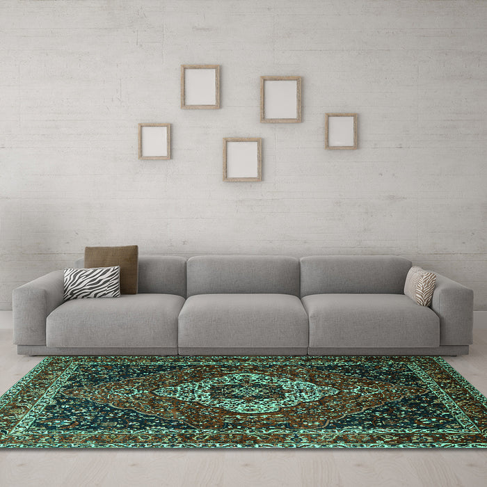 Machine Washable Medallion Turquoise Traditional Area Rugs in a Living Room,, wshtr2135turq
