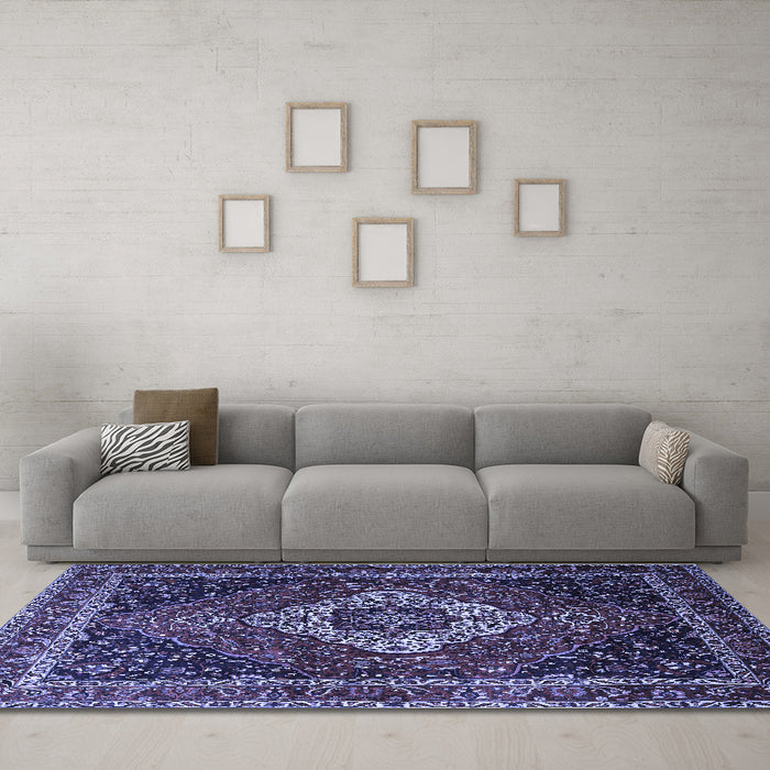 Machine Washable Medallion Blue Traditional Rug in a Living Room, wshtr2135blu