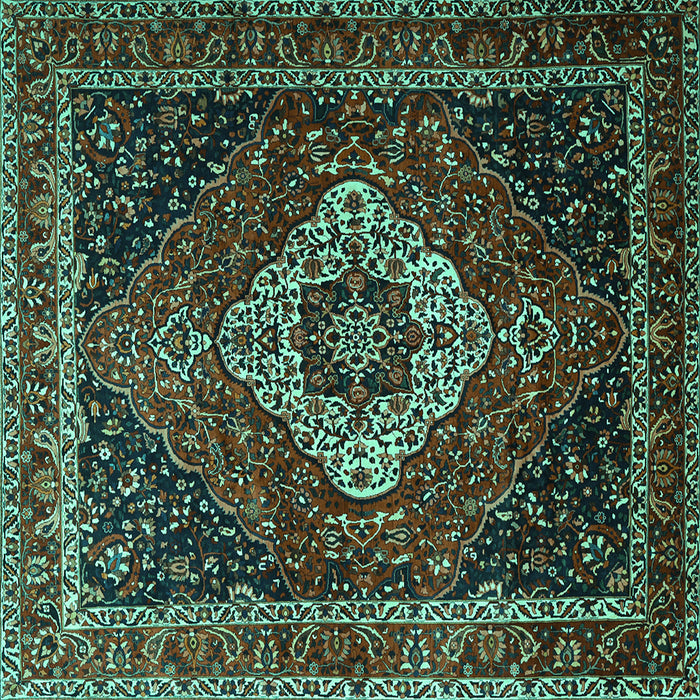 Square Machine Washable Medallion Turquoise Traditional Area Rugs, wshtr2135turq