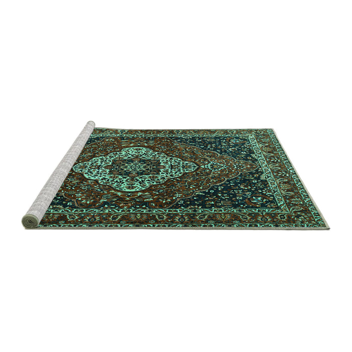 Sideview of Machine Washable Medallion Turquoise Traditional Area Rugs, wshtr2135turq