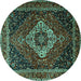 Round Machine Washable Medallion Turquoise Traditional Area Rugs, wshtr2135turq