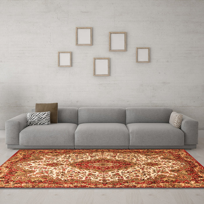 Machine Washable Medallion Orange Traditional Area Rugs in a Living Room, wshtr2136org