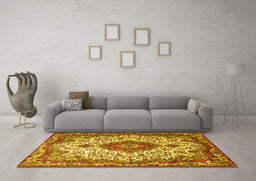 Machine Washable Medallion Yellow Traditional Rug in a Living Room, wshtr2136yw