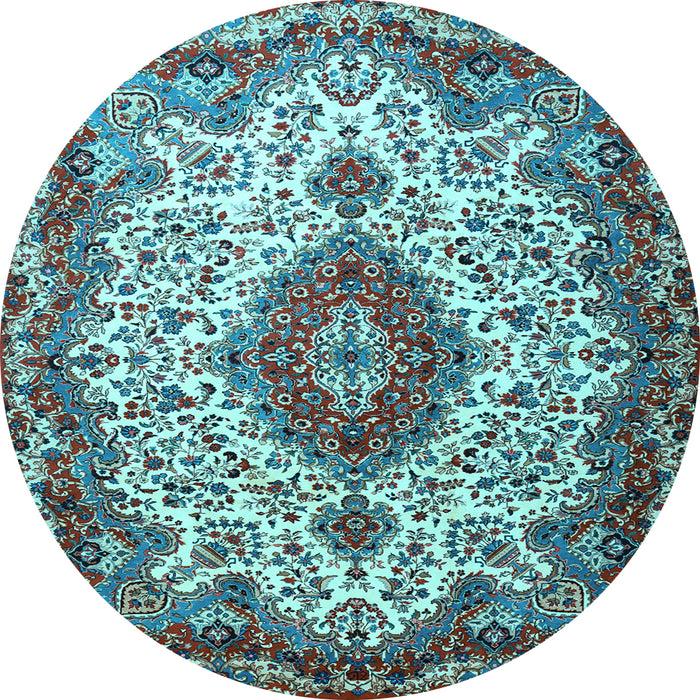 Round Machine Washable Medallion Light Blue Traditional Rug, wshtr2136lblu