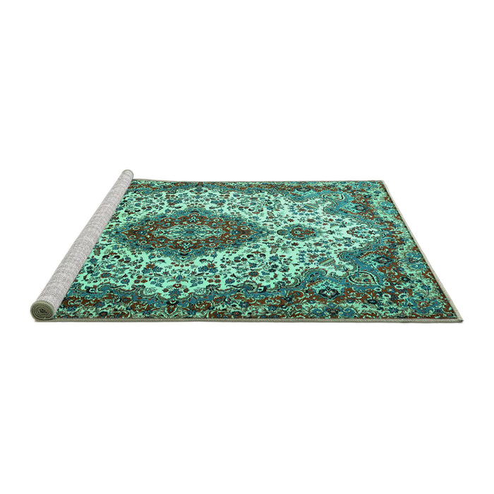 Sideview of Machine Washable Medallion Turquoise Traditional Area Rugs, wshtr2136turq