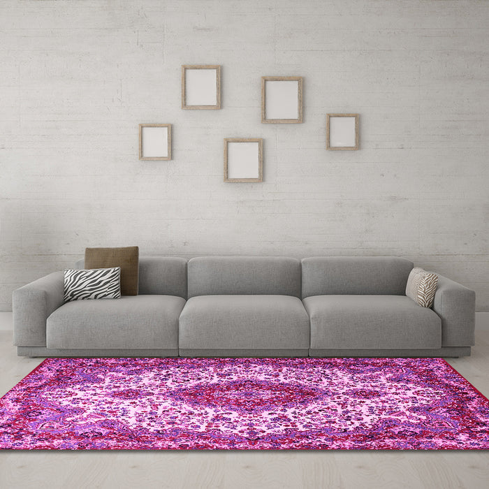 Machine Washable Medallion Pink Traditional Rug in a Living Room, wshtr2136pnk