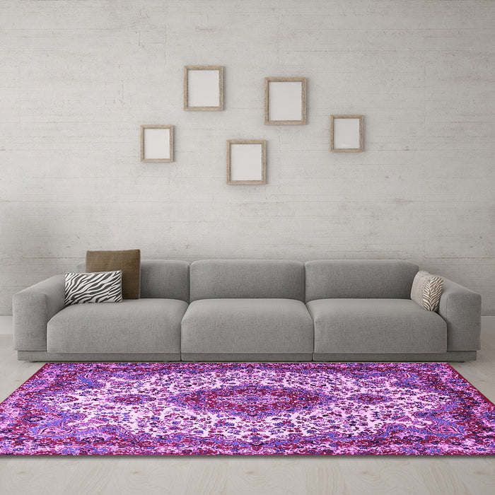 Machine Washable Medallion Purple Traditional Area Rugs in a Living Room, wshtr2136pur