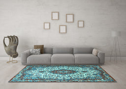 Machine Washable Medallion Light Blue Traditional Rug in a Living Room, wshtr2136lblu