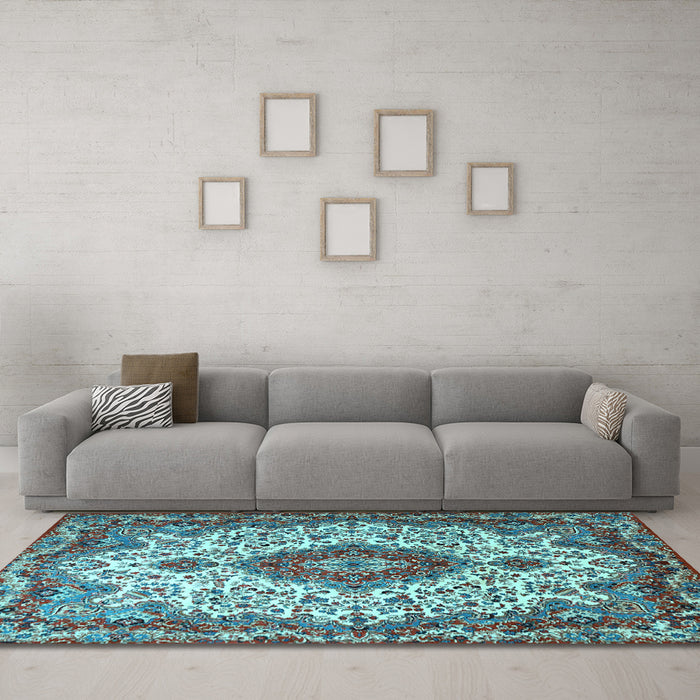 Machine Washable Medallion Light Blue Traditional Rug in a Living Room, wshtr2136lblu
