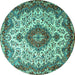 Round Machine Washable Medallion Turquoise Traditional Area Rugs, wshtr2136turq