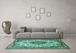 Machine Washable Medallion Turquoise Traditional Area Rugs in a Living Room,, wshtr2136turq