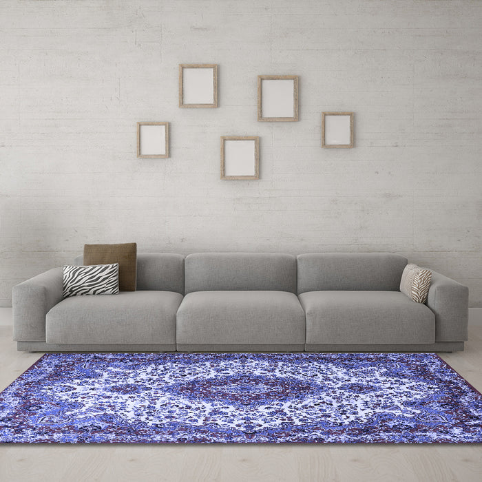 Machine Washable Medallion Blue Traditional Rug in a Living Room, wshtr2136blu