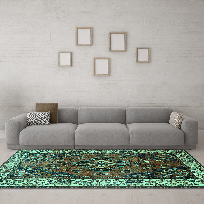 Machine Washable Persian Turquoise Traditional Area Rugs in a Living Room,, wshtr2138turq