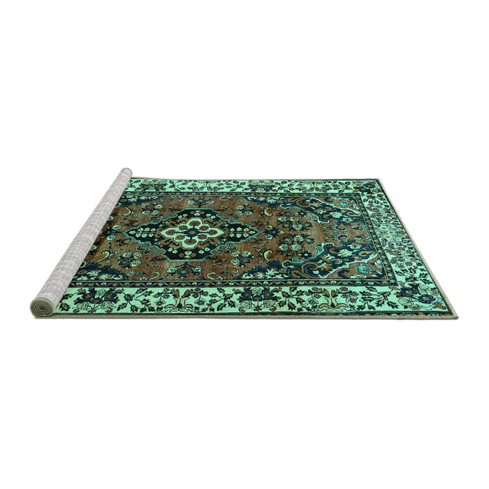 Sideview of Machine Washable Persian Turquoise Traditional Area Rugs, wshtr2138turq