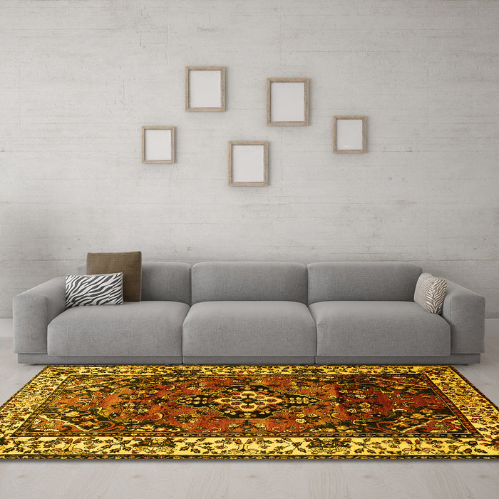 Machine Washable Persian Yellow Traditional Rug in a Living Room, wshtr2138yw
