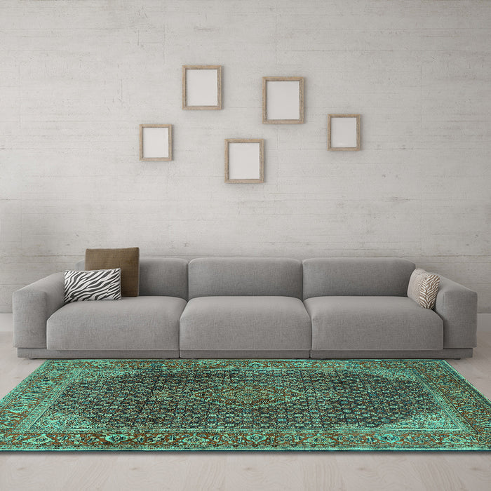Machine Washable Persian Turquoise Traditional Area Rugs in a Living Room,, wshtr2139turq