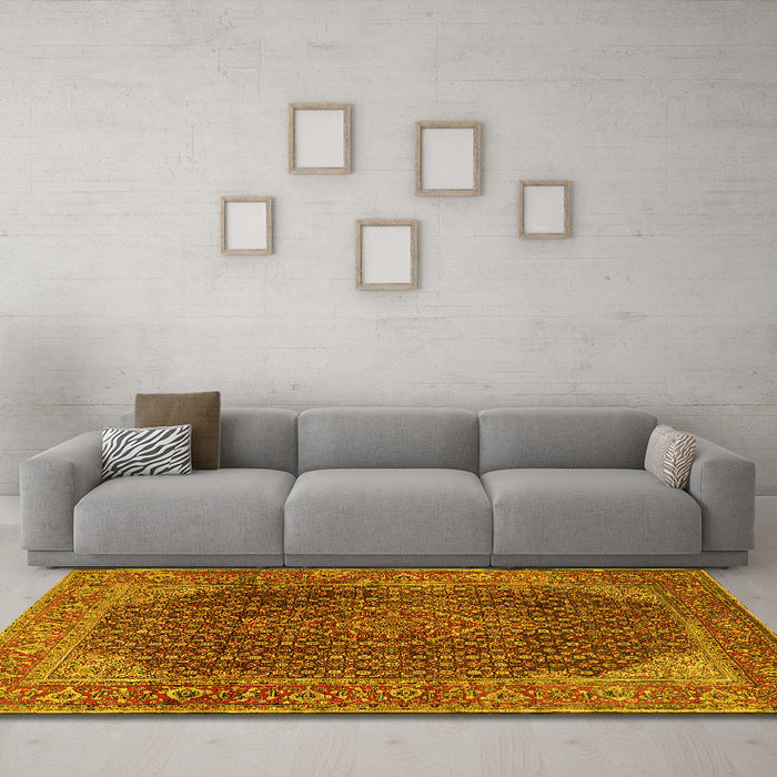 Machine Washable Persian Yellow Traditional Rug in a Living Room, wshtr2139yw