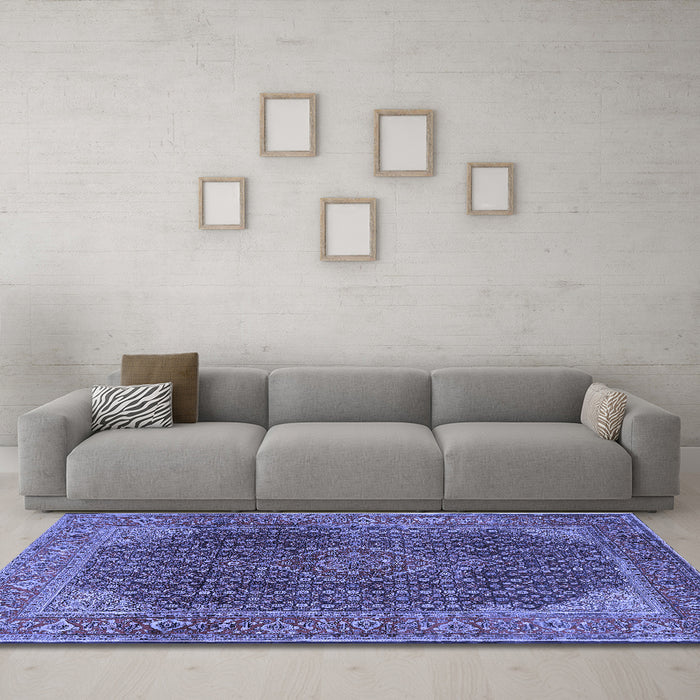 Machine Washable Persian Blue Traditional Rug in a Living Room, wshtr2139blu