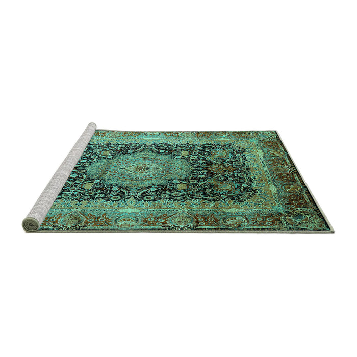 Sideview of Machine Washable Persian Turquoise Traditional Area Rugs, wshtr213turq