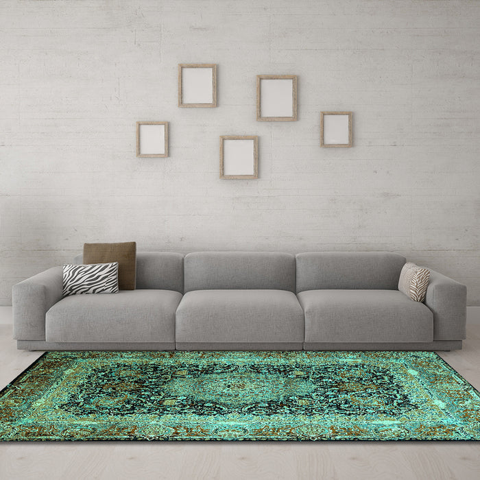 Machine Washable Persian Turquoise Traditional Area Rugs in a Living Room,, wshtr213turq