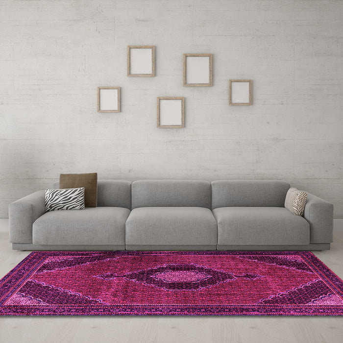 Machine Washable Medallion Pink Traditional Rug in a Living Room, wshtr2140pnk