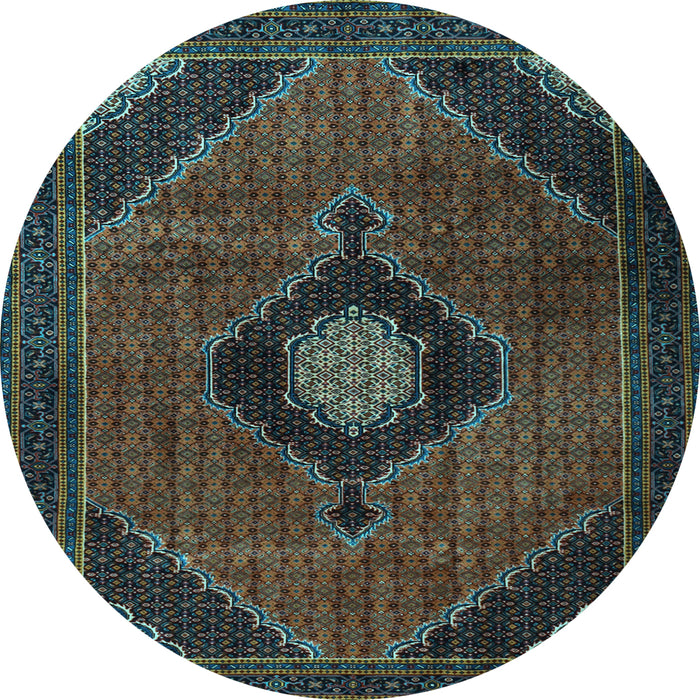 Round Machine Washable Medallion Light Blue Traditional Rug, wshtr2140lblu