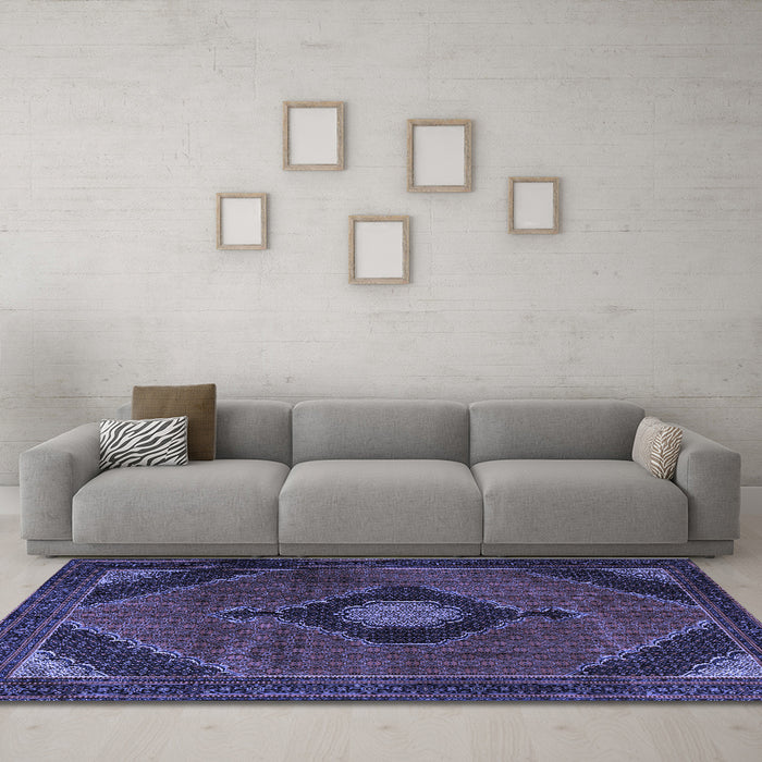 Machine Washable Medallion Blue Traditional Rug in a Living Room, wshtr2140blu